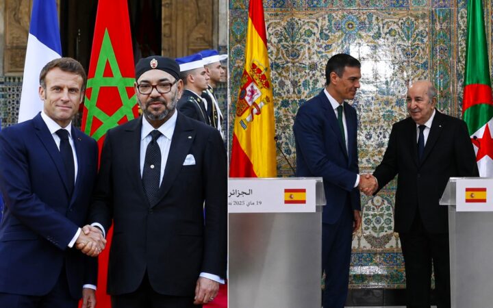 Le roi du Maroc Mohammed VI en compagnie du président français Emmanuel Macron (photo de gauche) et le président algérien Abdelmadjid Tebboune en compagnie du Premier ministre espagnol Pedro Sánchez (photo de droite)